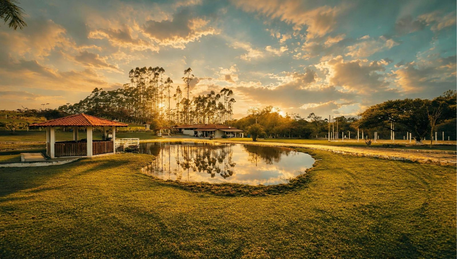 Lago do Medeiros Garden refletindo a luz dourada do nascer do sol