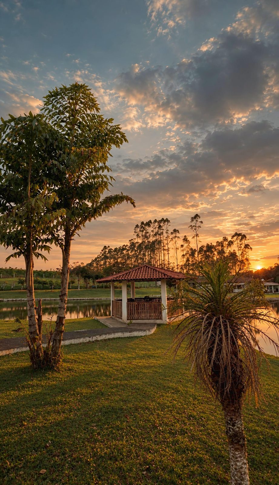 Quiosque de madeira à beira do lago ao entardecer